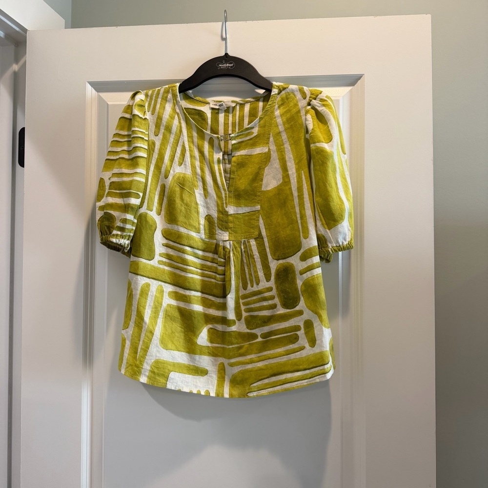 Christian Siriano Lime Abstract Print Peasant Blouse